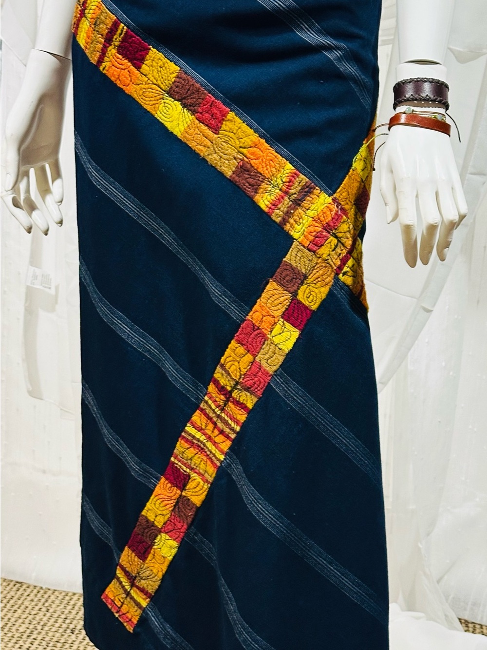 Handwoven Guatemalan Wrap Skirt – Navy Blue with Golden Multicolor Embroidery